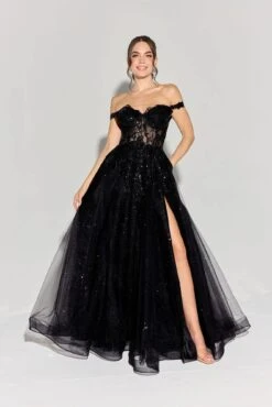 Eureka EK128 Off The Shoulder Glitter Mesh A-Line Ball Gown(Eureka Ek128 Off The Shoulder Glitter Mesh A Line Ball Gown) -Discount Dress Shops EK128 eureka fashion black