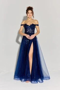 Eureka EK128 Off The Shoulder Glitter Mesh A-Line Ball Gown(Eureka Ek128 Off The Shoulder Glitter Mesh A Line Ball Gown) -Discount Dress Shops EK128 eureka fashion navy