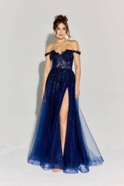 Eureka EK128 Off The Shoulder Glitter Mesh A-Line Ball Gown(Eureka Ek128 Off The Shoulder Glitter Mesh A Line Ball Gown) -Discount Dress Shops EK128 eureka fashion navy side