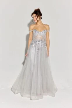 Eureka EK128 Off The Shoulder Glitter Mesh A-Line Ball Gown(Eureka Ek128 Off The Shoulder Glitter Mesh A Line Ball Gown) -Discount Dress Shops EK128 eureka fashion platinum side