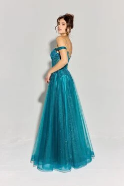 Eureka EK128 Off The Shoulder Glitter Mesh A-Line Ball Gown(Eureka Ek128 Off The Shoulder Glitter Mesh A Line Ball Gown) -Discount Dress Shops EK128 eureka teal back