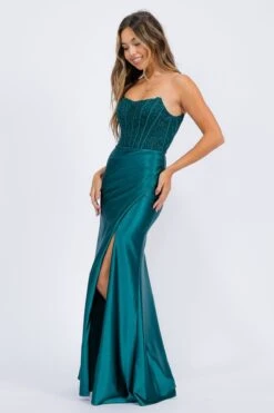 Eureka EK193 Long Strapless Fitted Gown Lace Corset Top Satin Slit(Eureka Ek193 Long Strapless Fitted Gown Lace Corset Top Satin Slit)