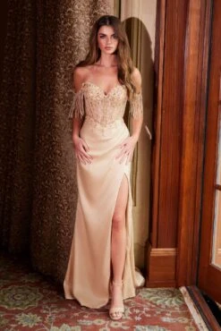 Nox Anabel F1571 Fringed Off-Shoulder Sequin Sweetheart Neckline Dress(Nox Anabel F1571 Fringed Off Shoulder Sequin Sweetheart Neckline Dress) -Discount Dress Shops F1571GOLD 1