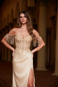Nox Anabel F1571 Fringed Off-Shoulder Sequin Sweetheart Neckline Dress(Nox Anabel F1571 Fringed Off Shoulder Sequin Sweetheart Neckline Dress) -Discount Dress Shops F1571GOLD 5