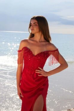 Nox Anabel F1571 Fringed Off-Shoulder Sequin Sweetheart Neckline Dress(Nox Anabel F1571 Fringed Off Shoulder Sequin Sweetheart Neckline Dress) -Discount Dress Shops F1571RED 8