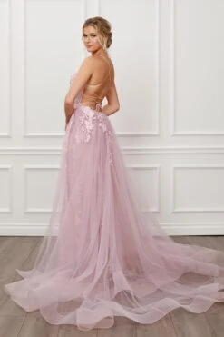 Nox Anabel F485 Lace And Beads Mermaid Gown Chiffon Overskirt(Lace And Beads Embroidered Blush Mermaid Gown Chiffon Overskirt) -Discount Dress Shops F485 nox anabel blush back
