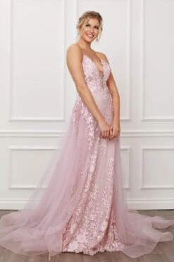 Nox Anabel F485 Lace And Beads Mermaid Gown Chiffon Overskirt(Lace And Beads Embroidered Blush Mermaid Gown Chiffon Overskirt) -Discount Dress Shops F485 nox anabel blush side