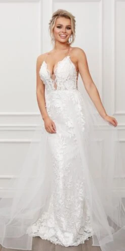 Nox Anabel F485 Lace And Beads Mermaid Gown Chiffon Overskirt(Lace And Beads Embroidered Blush Mermaid Gown Chiffon Overskirt) -Discount Dress Shops F485 nox anabel white