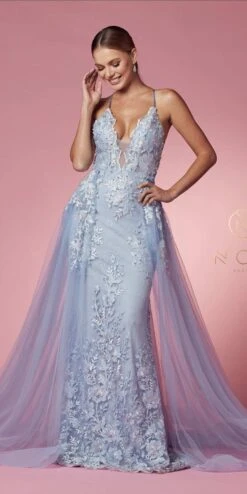 Nox Anabel F485 Lace And Beads Mermaid Gown Chiffon Overskirt(Lace And Beads Embroidered Blush Mermaid Gown Chiffon Overskirt) -Discount Dress Shops F485 BLUE 17