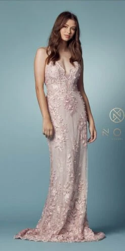 Nox Anabel F485 Lace And Beads Mermaid Gown Chiffon Overskirt(Lace And Beads Embroidered Blush Mermaid Gown Chiffon Overskirt) -Discount Dress Shops F485 BLUSH 124
