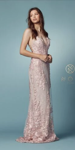 Nox Anabel F485 Lace And Beads Mermaid Gown Chiffon Overskirt(Lace And Beads Embroidered Blush Mermaid Gown Chiffon Overskirt) -Discount Dress Shops F485 BLUSH 137