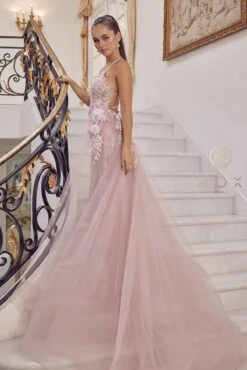 Nox Anabel F485 Lace And Beads Mermaid Gown Chiffon Overskirt(Lace And Beads Embroidered Blush Mermaid Gown Chiffon Overskirt) -Discount Dress Shops F485 BLUSH 36