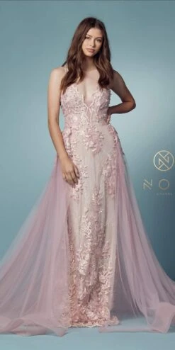 Nox Anabel F485 Lace And Beads Mermaid Gown Chiffon Overskirt(Lace And Beads Embroidered Blush Mermaid Gown Chiffon Overskirt)