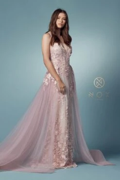 Nox Anabel F485 Lace And Beads Mermaid Gown Chiffon Overskirt(Lace And Beads Embroidered Blush Mermaid Gown Chiffon Overskirt) -Discount Dress Shops F485 BLUSH 47