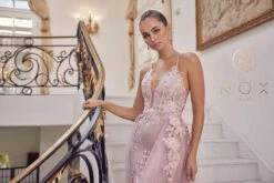 Nox Anabel F485 Lace And Beads Mermaid Gown Chiffon Overskirt(Lace And Beads Embroidered Blush Mermaid Gown Chiffon Overskirt) -Discount Dress Shops F485 BLUSH 48