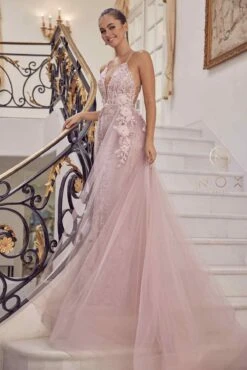 Nox Anabel F485 Lace And Beads Mermaid Gown Chiffon Overskirt(Lace And Beads Embroidered Blush Mermaid Gown Chiffon Overskirt) -Discount Dress Shops F485 BLUSH 65