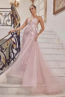Nox Anabel F485 Lace And Beads Mermaid Gown Chiffon Overskirt(Lace And Beads Embroidered Blush Mermaid Gown Chiffon Overskirt) -Discount Dress Shops F485 BLUSH 87