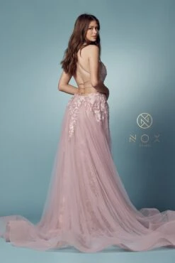 Nox Anabel F485 Lace And Beads Mermaid Gown Chiffon Overskirt(Lace And Beads Embroidered Blush Mermaid Gown Chiffon Overskirt) -Discount Dress Shops F485 BLUSH 90