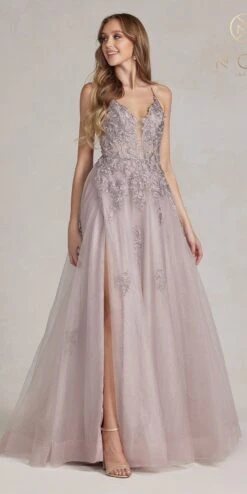 Nox Anabel G1149 Floor Length A-Line Tulle Gown With Slit(Nox Anabel G1149 Floor Length A Line Tulle Gown With Slit) -Discount Dress Shops G1149 MAUVE 1