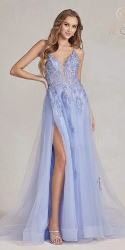 Nox Anabel G1149 Floor Length A-Line Tulle Gown With Slit(Nox Anabel G1149 Floor Length A Line Tulle Gown With Slit) -Discount Dress Shops G1149 PERIWINKLE 1