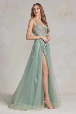 Nox Anabel G1149 Floor Length A-Line Tulle Gown With Slit(Nox Anabel G1149 Floor Length A Line Tulle Gown With Slit) -Discount Dress Shops G1149 SAGEGREEN 2