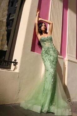 Nox Anabel G1258 Strapless Lace Applique Corset Bodice Mermaid Gown(Nox Anabel G1258 Strapless Lace Applique Corset Bodice Mermaid Gown) -Discount Dress Shops G1258SAGEGREEN 3