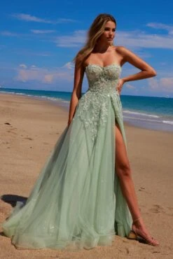 Nox Anabel G1371 Long A-Line Tulle Dress With A Sweetheart Top Sequin Applique(Nox Anabel G1371 Long A Line Tulle Dress With A Sweetheart Top Sequin Applique) -Discount Dress Shops G1371SAGEGREEN 1