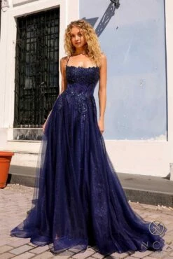Nox Anabel G1405 Long A-Line Glitter Tulle Square Neck Open Back Ball Gown(Nox Anabel G1405 Long A Line Glitter Tulle Square Neck Open Back Ball Gown) -Discount Dress Shops G1405NAVYBLUE 3