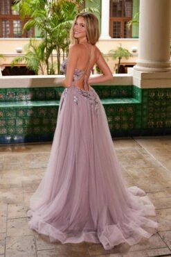 Nox Anabel G1649 Lace-Up Deep V-Neck A-line Dress With Sequin Applique(Nox Anabel G1649 Lace Up Deep V Neck A Line Dress With Sequin Applique) -Discount Dress Shops G1649MAUVE 2