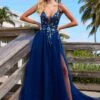 Nox Anabel G1649 Lace-Up Deep V-Neck A-line Dress With Sequin Applique(Nox Anabel G1649 Lace Up Deep V Neck A Line Dress With Sequin Applique)