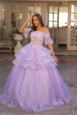 Nox Anabel H1360 Off The Shoulder 3D Floral A-Line Gown Removable Skirt(Nox Anabel H1360 Off The Shoulder 3d Floral A Line Gown Removable Skirt) -Discount Dress Shops H1360LILAC 1