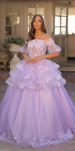 Nox Anabel H1360 Off The Shoulder 3D Floral A-Line Gown Removable Skirt(Nox Anabel H1360 Off The Shoulder 3d Floral A Line Gown Removable Skirt) -Discount Dress Shops H1360LILAC 2