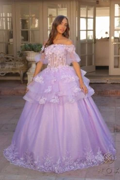 Nox Anabel H1360 Off The Shoulder 3D Floral A-Line Gown Removable Skirt(Nox Anabel H1360 Off The Shoulder 3d Floral A Line Gown Removable Skirt) -Discount Dress Shops H1360LILAC 3