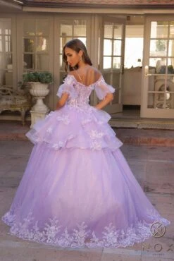 Nox Anabel H1360 Off The Shoulder 3D Floral A-Line Gown Removable Skirt(Nox Anabel H1360 Off The Shoulder 3d Floral A Line Gown Removable Skirt) -Discount Dress Shops H1360LILAC 4