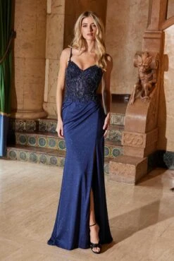 Nox Anabel H1667 Satin Sweetheart Beaded Applique Dress With Slit(Nox Anabel H1667 Satin Sweetheart Beaded Applique Dress With Slit) -Discount Dress Shops H1667NAVYBLUE 1