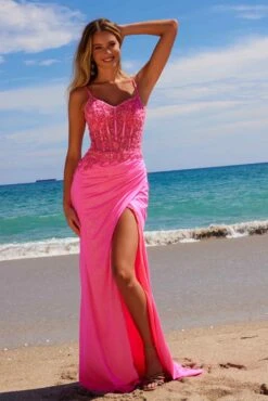 Nox Anabel H1670 Glitter Satin Floral Embroidered Dress With Slit(Nox Anabel H1670 Glitter Satin Floral Embroidered Dress With Slit) -Discount Dress Shops H1670HOTPINK 3