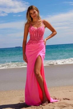 Nox Anabel H1670 Glitter Satin Floral Embroidered Dress With Slit(Nox Anabel H1670 Glitter Satin Floral Embroidered Dress With Slit) -Discount Dress Shops H1670HOTPINK 5