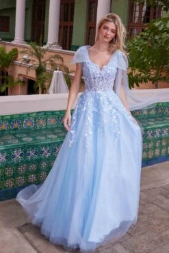 Nox Anabel H1680 Draped Tie-Up Straps Applique Tulle Dress(Nox Anabel H1680 Draped Tie Up Straps Applique Tulle Dress) -Discount Dress Shops H1680BLUE 1