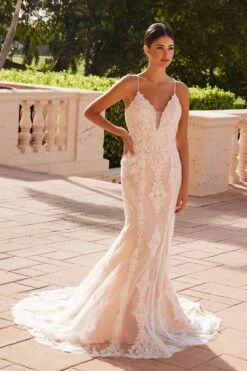 Nox Anabel H494 Spaghetti Strap V-Neckline Long Lace Wedding Gown(Spaghetti Strap V Neckline Long Lace White Nude Wedding Gown) -Discount Dress Shops H494WHITE NUDE 4
