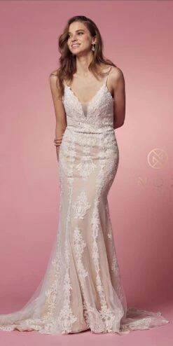 Nox Anabel H494 Spaghetti Strap V-Neckline Long Lace Wedding Gown(Spaghetti Strap V Neckline Long Lace White Nude Wedding Gown) -Discount Dress Shops H494 WHITE NUDE 15
