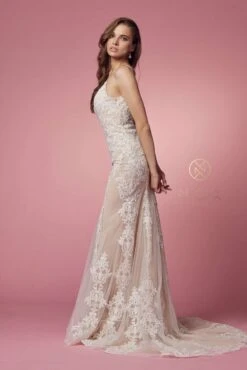 Nox Anabel H494 Spaghetti Strap V-Neckline Long Lace Wedding Gown(Spaghetti Strap V Neckline Long Lace White Nude Wedding Gown) -Discount Dress Shops H494 WHITE NUDE 19