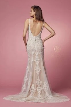 Nox Anabel H494 Spaghetti Strap V-Neckline Long Lace Wedding Gown(Spaghetti Strap V Neckline Long Lace White Nude Wedding Gown) -Discount Dress Shops H494 WHITE NUDE 48