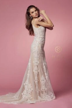 Nox Anabel H494 Spaghetti Strap V-Neckline Long Lace Wedding Gown(Spaghetti Strap V Neckline Long Lace White Nude Wedding Gown) -Discount Dress Shops H494 WHITE NUDE 55