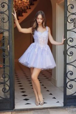 Nox Anabel H846 Short Glitter Sequin Applique A-Line Dress(Nox Anabel H846 Short Glitter Sequin Applique A Line Dress) -Discount Dress Shops H846 LILAC 2