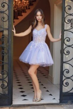 Nox Anabel H846 Short Glitter Sequin Applique A-Line Dress(Nox Anabel H846 Short Glitter Sequin Applique A Line Dress) -Discount Dress Shops H846 LILAC 7