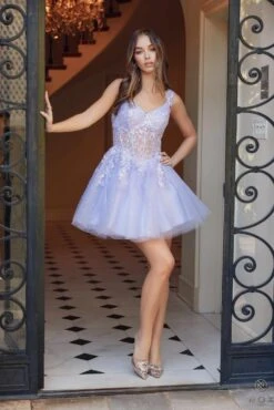 Nox Anabel H846 Short Glitter Sequin Applique A-Line Dress(Nox Anabel H846 Short Glitter Sequin Applique A Line Dress) -Discount Dress Shops H846 LILAC 9