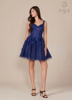 Nox Anabel H846 Short Glitter Sequin Applique A-Line Dress(Nox Anabel H846 Short Glitter Sequin Applique A Line Dress) -Discount Dress Shops H846 nox anabel navy side2