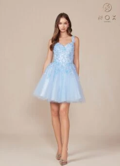 Nox Anabel H846 Short Glitter Sequin Applique A-Line Dress(Nox Anabel H846 Short Glitter Sequin Applique A Line Dress) -Discount Dress Shops H846 nox anabel sky blue
