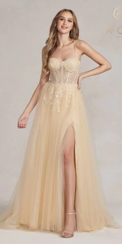 Nox Anabel J1089 Floor Length A-Line Tulle Gown With Slit(Nox Anabel J1089 Floor Length A Line Tulle Gown With Slit) -Discount Dress Shops J1089 CHAMPAGNE 1