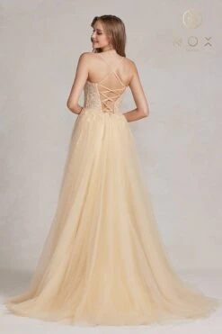 Nox Anabel J1089 Floor Length A-Line Tulle Gown With Slit(Nox Anabel J1089 Floor Length A Line Tulle Gown With Slit) -Discount Dress Shops J1089 CHAMPAGNE 3